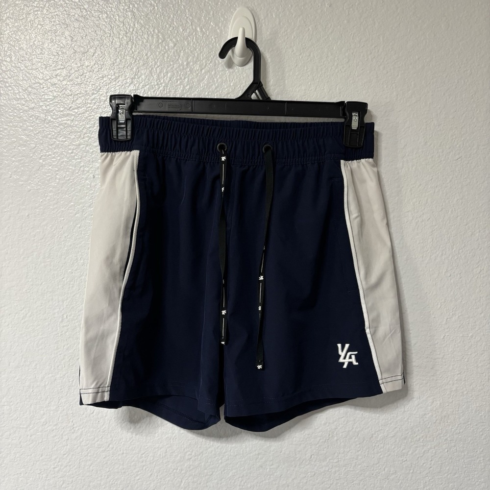Youngla Bodybuilding Shorts Mens Medium 4" Navy Blue Elastic Waist Athletic Gym